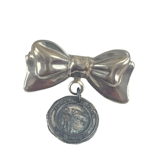 Vintage Silver Bow Brooch With Dangling Medallion - Picture 2 of 5